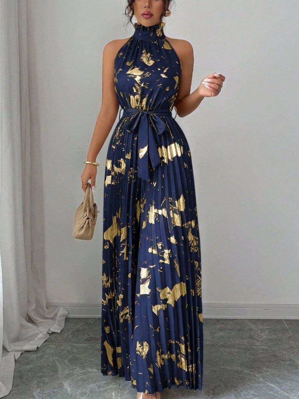 Navy Blue Boho Women's Sleeveless Ruffle Collar Wide Leg Jumpsuit